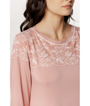 Camisón rosa micromodal con encaje en el cuello y puños